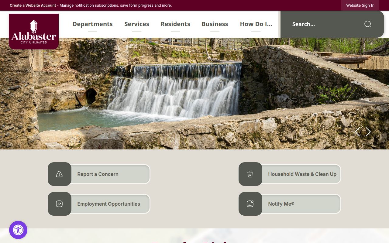 Alabaster city website homepage