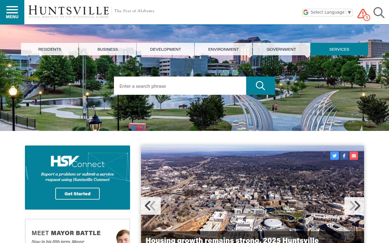 Huntsville city website homepage