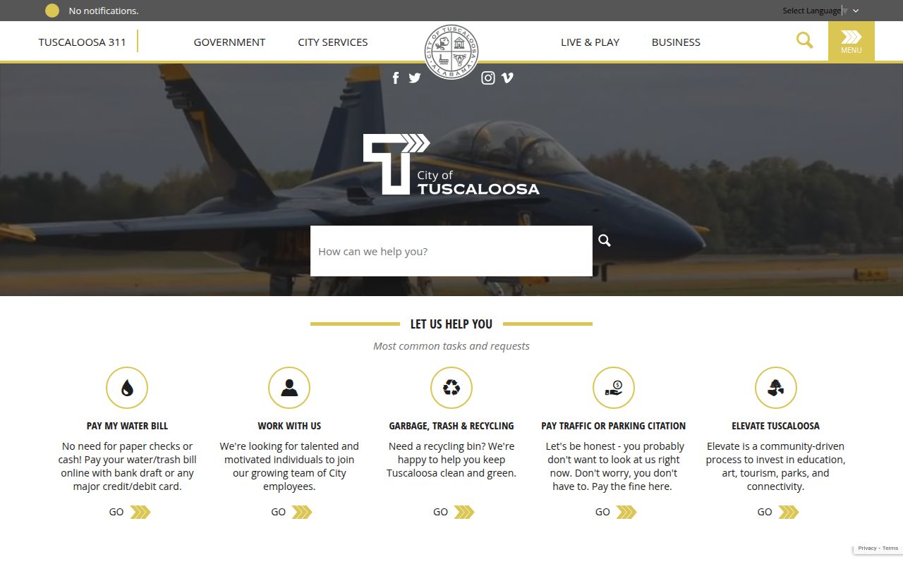 Tuscaloosa city website homepage